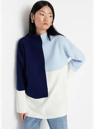 Blue Color Block Collar Stand Up Knitwear Sweater TCTAW22AK0054