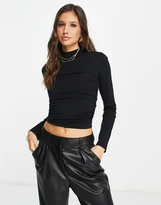 ASOS DESIGN ruched side top with long sleeve in black