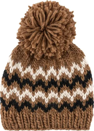 Shiraleah Landen Brown Chevron Knit Beanie with Pom