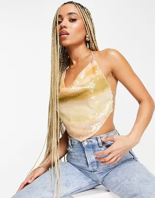 ASOS DESIGN cowl neck cami with tie back in peach ombre sequin