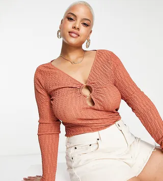 ASOS DESIGN Curve crop texture top with ring detail in rust