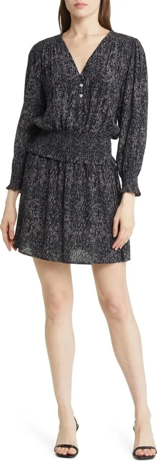 Zana Animal Print Smocked Long Sleeve Minidress