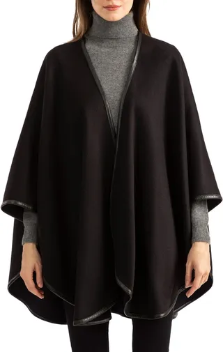 Leather Trim Reversible Cashmere Cape