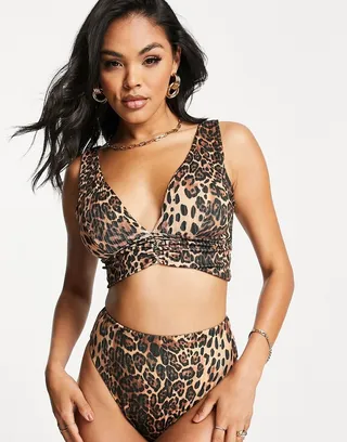 ASOS DESIGN mix and match rib deep band ruched crop bikini top in leopard print