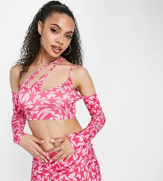 ASYOU asymmetric crop top in pink swirl star print - part of a set