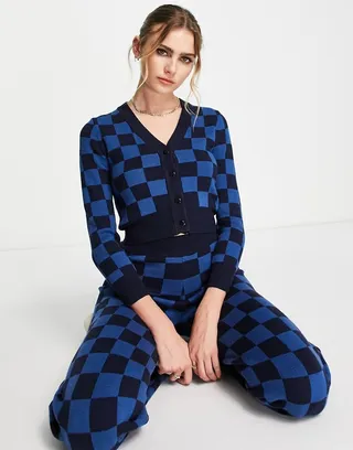 Gianni Feraud checkerboard knit cardigan in blue - part of a set