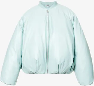 Mens Light Sea-water Green Padded Boxy-fit Leather Bomber Jacket