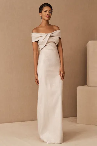 Teri Jon Yvonne Twist-Front Off-Shoulder Column Gown Beige