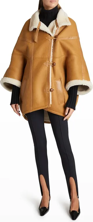 Oversized Leather Cape with Shearling Lining