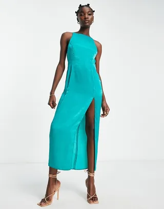 ASOS DESIGN square neck satin maxi dress with ruched skirt