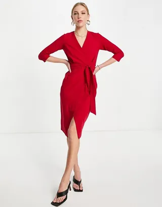 Closet London cropped sleeve wrap midi dress in burgundy
