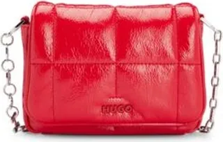 Vinyl-effect quilted shoulder bag with logo-chain strap
