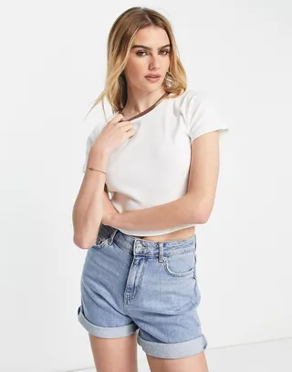 ASOS DESIGN boxy crop tee in rib with contrast binding in ecru and brown