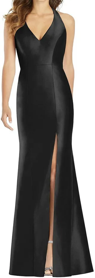 V-Neck Halter Satin Trumpet Gown