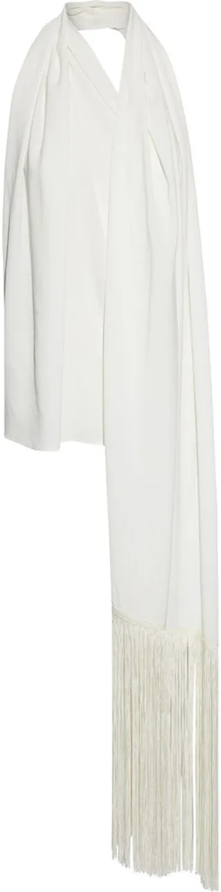 Fringe-trimmed draped crepe halterneck top
