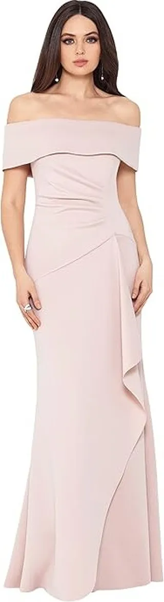 XSCAPE Long Scuba Off-the-Shoulder Dress (Blush) Women's Evening