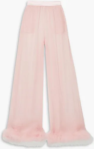 Feather and satin-trimmed silk-chiffon wide-leg pants
