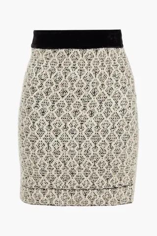 Jazz velvet-trimmed metallic jacquard mini wrap skirt