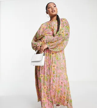 ASOS DESIGN Curve pleated maxi dress in yellow floral