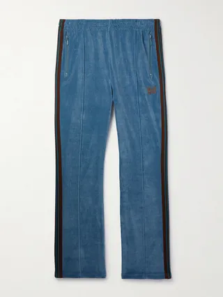 Narrow Logo-Embroidered Webbing-Trimmed Cotton-Blend Velour Track Pants