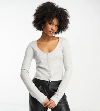 ASOS DESIGN Tall scoop neck cardigan with hot fix embellishment in gray