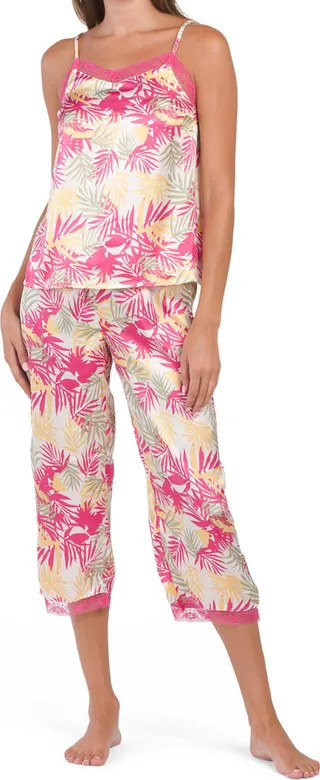 Palm Printed Cami Capri Set With Lace