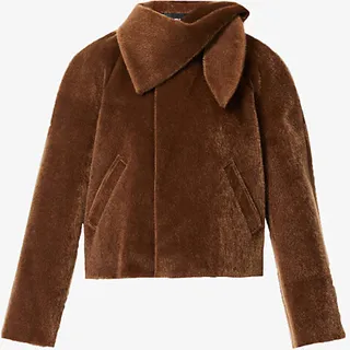 Womens Brown Asymmetric-collar Boxy-fit Faux-fur Coat
