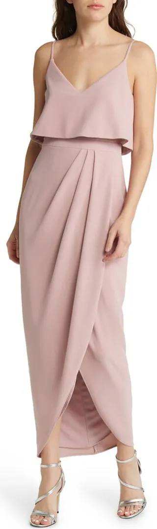 Scuba Crepe Popover Faux Wrap Gown