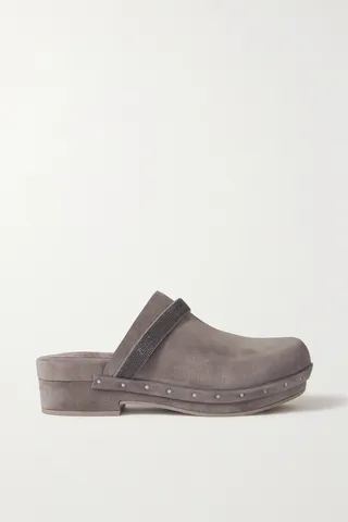 Brunello Cucinelli - Bead-embellished Suede Clogs - Gray