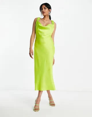 ASOS DESIGN satin cowl front midi dress with ruched strap detail in bright green