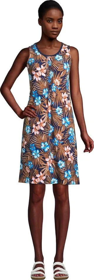 Lands' End Women's Sleeveless Cotton Pintuck Tank Dress - X-Small - Deep Sea Navy Tropic Palm