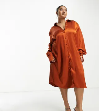 ASOS DESIGN Curve slouchy satin plunge shirt midi dress in rust