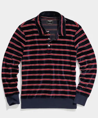 Striped Velour Polo in Original Navy