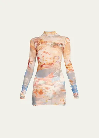Turtleneck Sky-Print Tulle Top