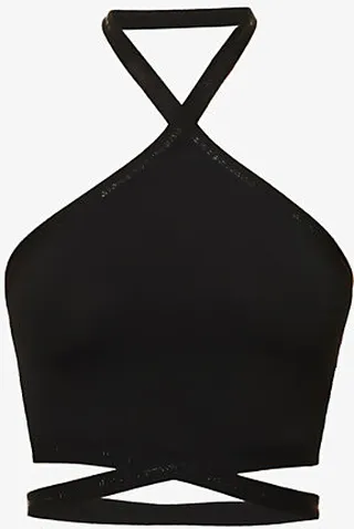 Womens Black Halterneck Criss-cross trap tretch-woven top