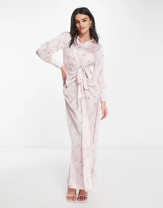 ASOS DESIGN gathered detail maxi shirt dress with belt in pink floral print
