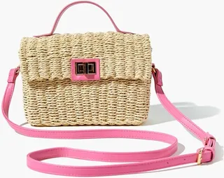 Contrast-Trim Basketwoven Crossbody Bag