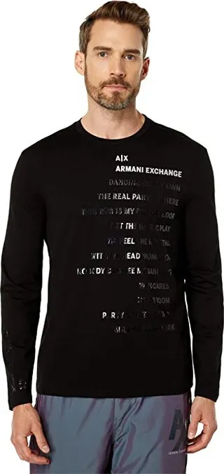Armani Exchange Party Long Sleeve Logo T-Shirt (Black) Men's Clothing