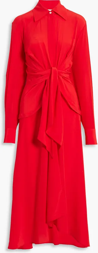 Gathered silk crepe de chine midi shirt dress