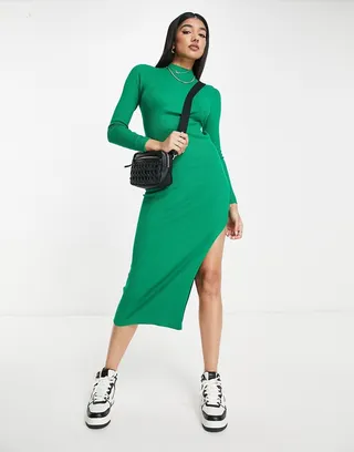 Miss Selfridge ribbed knit midaxi dress in green