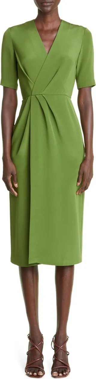 Silk Crepe Faux Wrap Midi Dress
