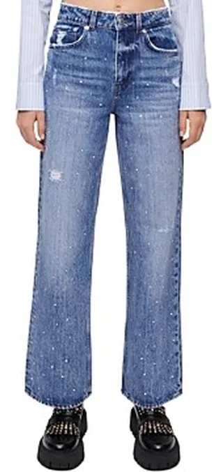 Maje Pistar Rhinestone Boyfriend Jeans in Blue