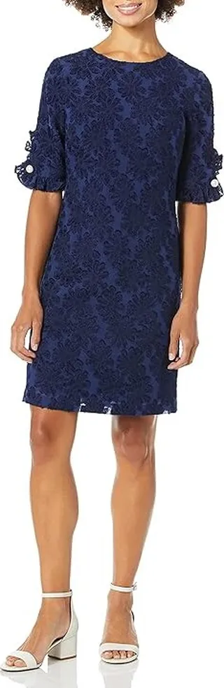 Karl Lagerfeld Paris Women's Ruffle Pearl Trim Sleeve Crepe Dress (Canal) Women's Dress