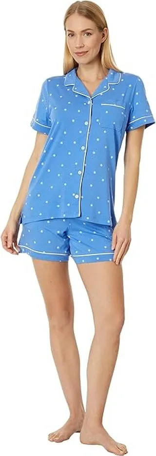 L.L.Bean Super Soft Shrink-Free Shorts Set Print (Arctic Blue Medallion Dot) Women's Pajama Sets