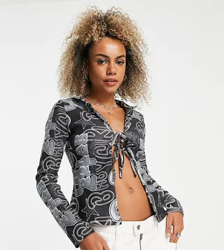 ASYOU split hem tie up shirt in graffiti print