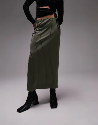 Topshop seam detail midi skirt in khaki
