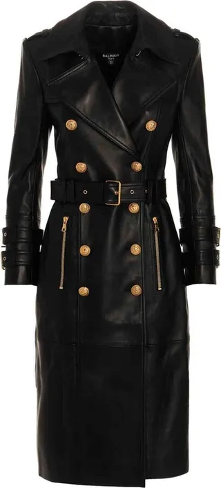 Balmain Belted Waist Double Breasted Midi Leather Coat