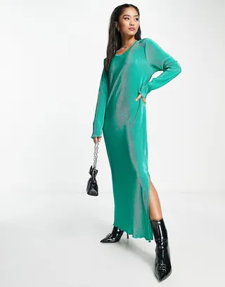Pieces plisse maxi side slit dress in jewel green