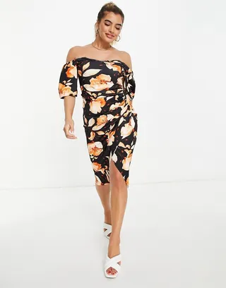 ASOS DESIGN sweetheart neck wrap tuck off shoulder bardot midi dress in floral print
