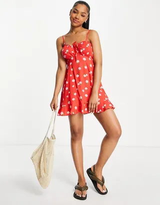 Miss Selfridge tie front slip dress in red rose print - RED